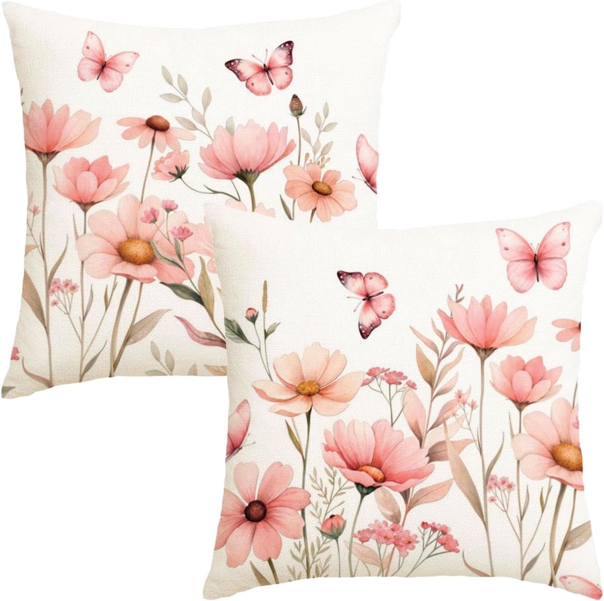 Kussensloop 50 x 50 cm, lente, linnenlook, bloemen, roze, kussen, bankkussen, overtrek, zomer, outdoor, kussenovertrek, decoratieve vlinder, sierkussenovertrekken voor tuin, balkon, set van 2
