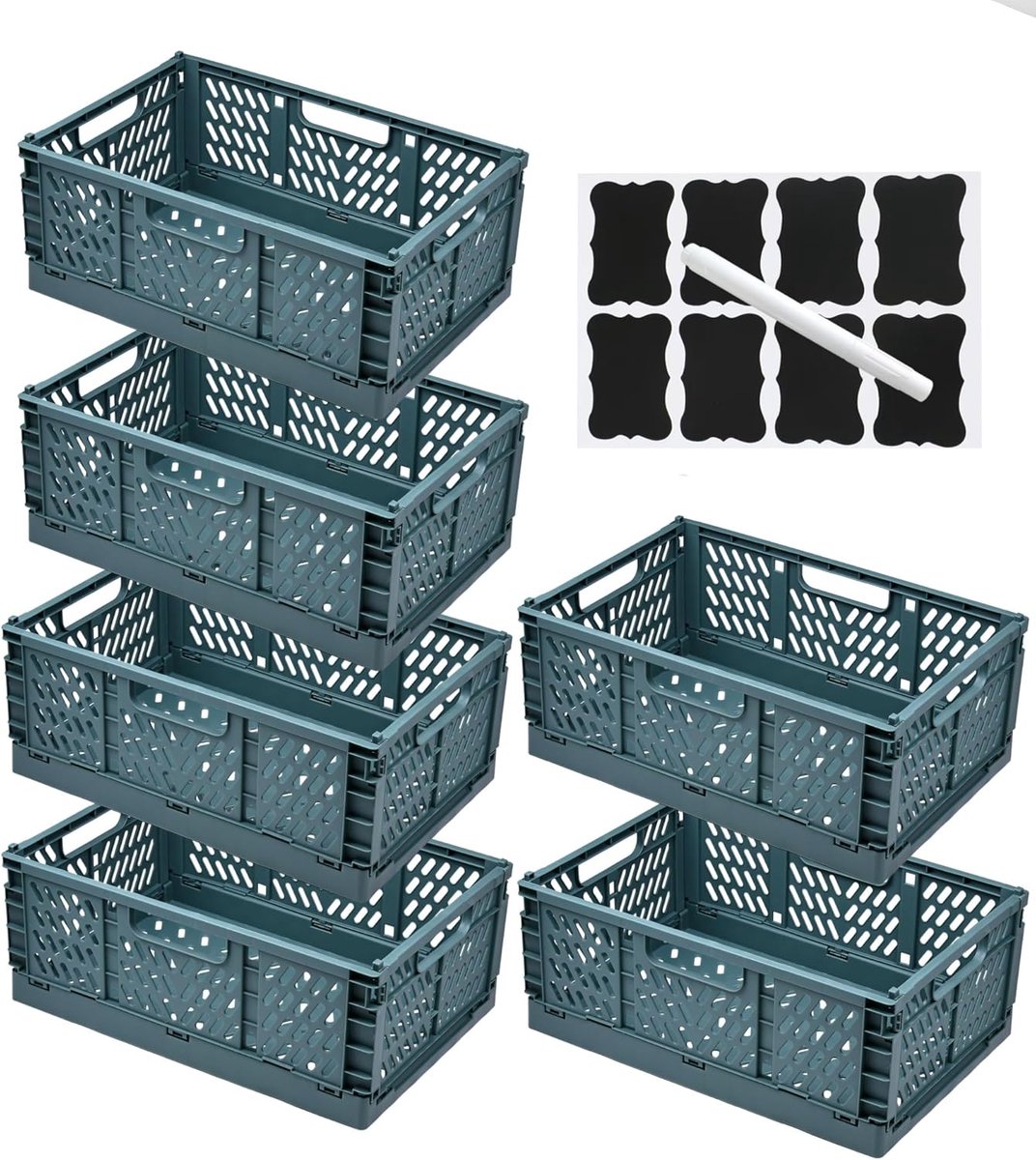 Opbergdozen met Etiketten en Pennen,Opvouwbare Opbergmanden met Handvatten,Stapelbaar voor keuken,kantoor en lades (Groen, 42,5×28,5×16,5 cm)