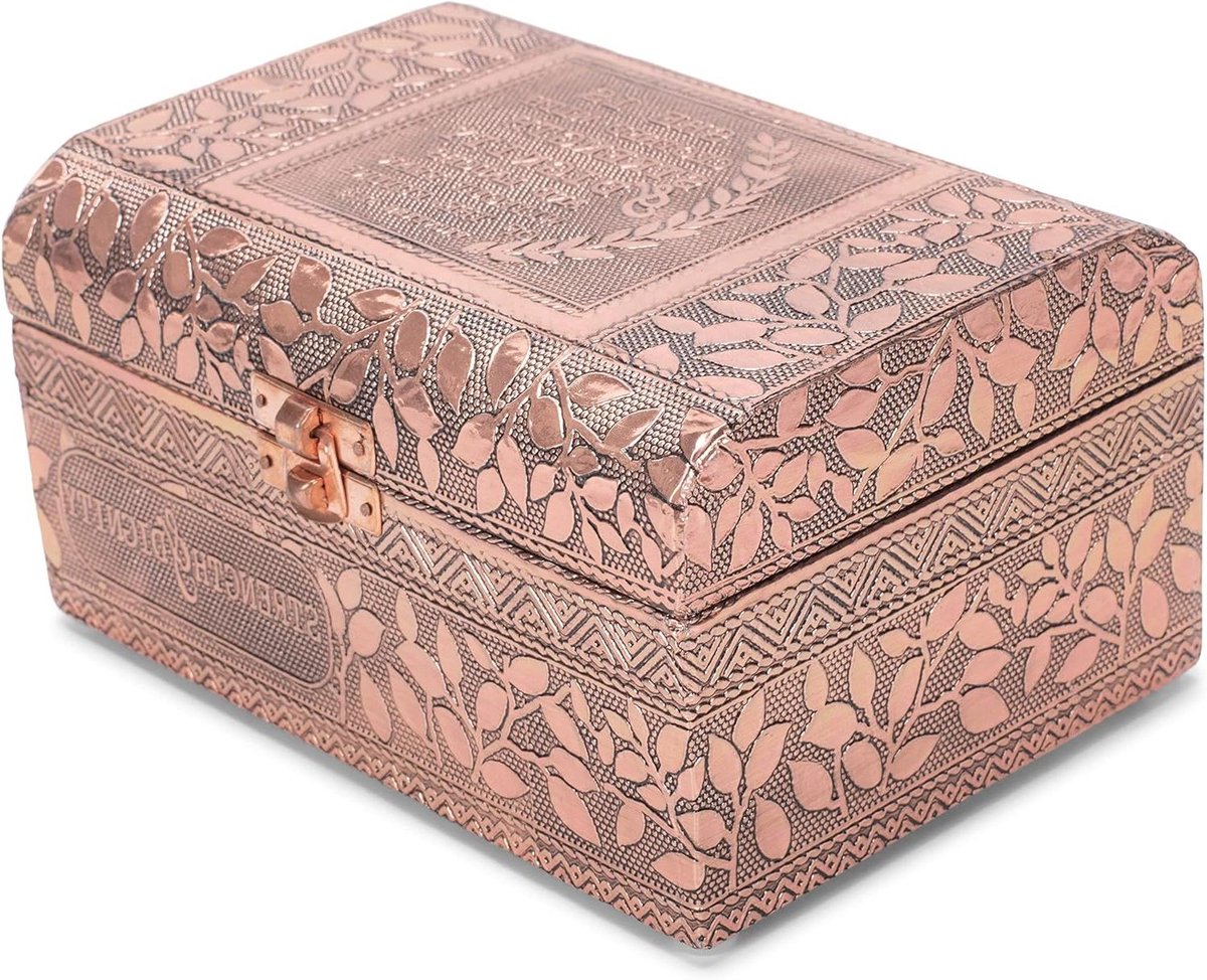 Decoratieve opbergdoos - Schatkistje - Sieraden bewaren - Gestempeld metaal - 7 x 5 inch - Koperkleurig