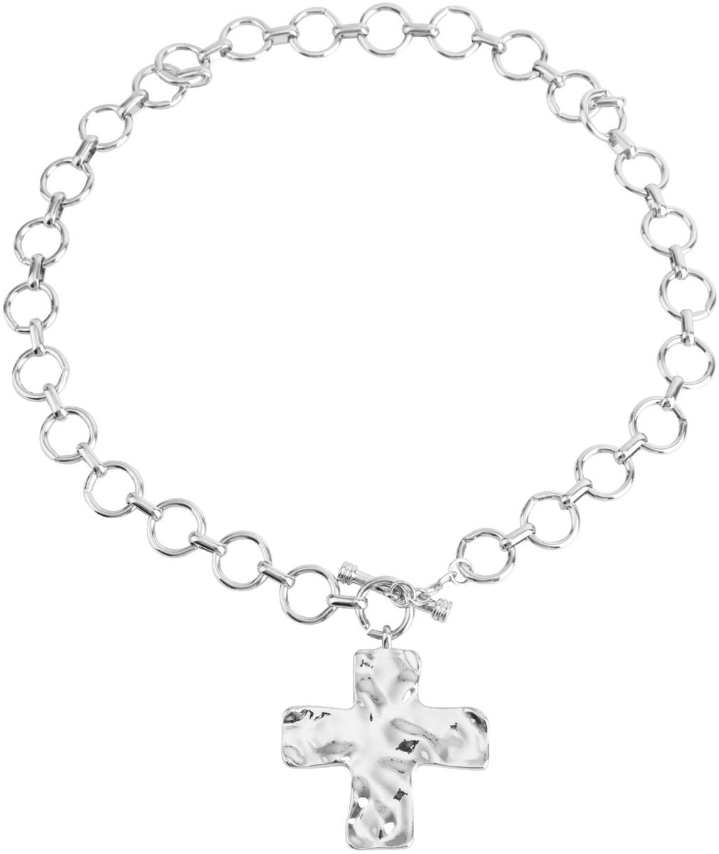 Dikke Kruisketting voor Dames, Sierlijke Gehamerde Kruisketting met Tuimelsluiting Opvallende Dikke Ketting Trendy Sieradencadeaus (Zilver)