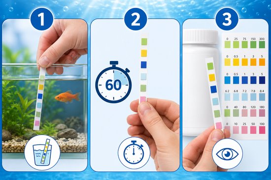 Drie stappen voor water testen: strip in aquarium, wachten op 60 sec, resultaten vergelijken met kleurenschaal.