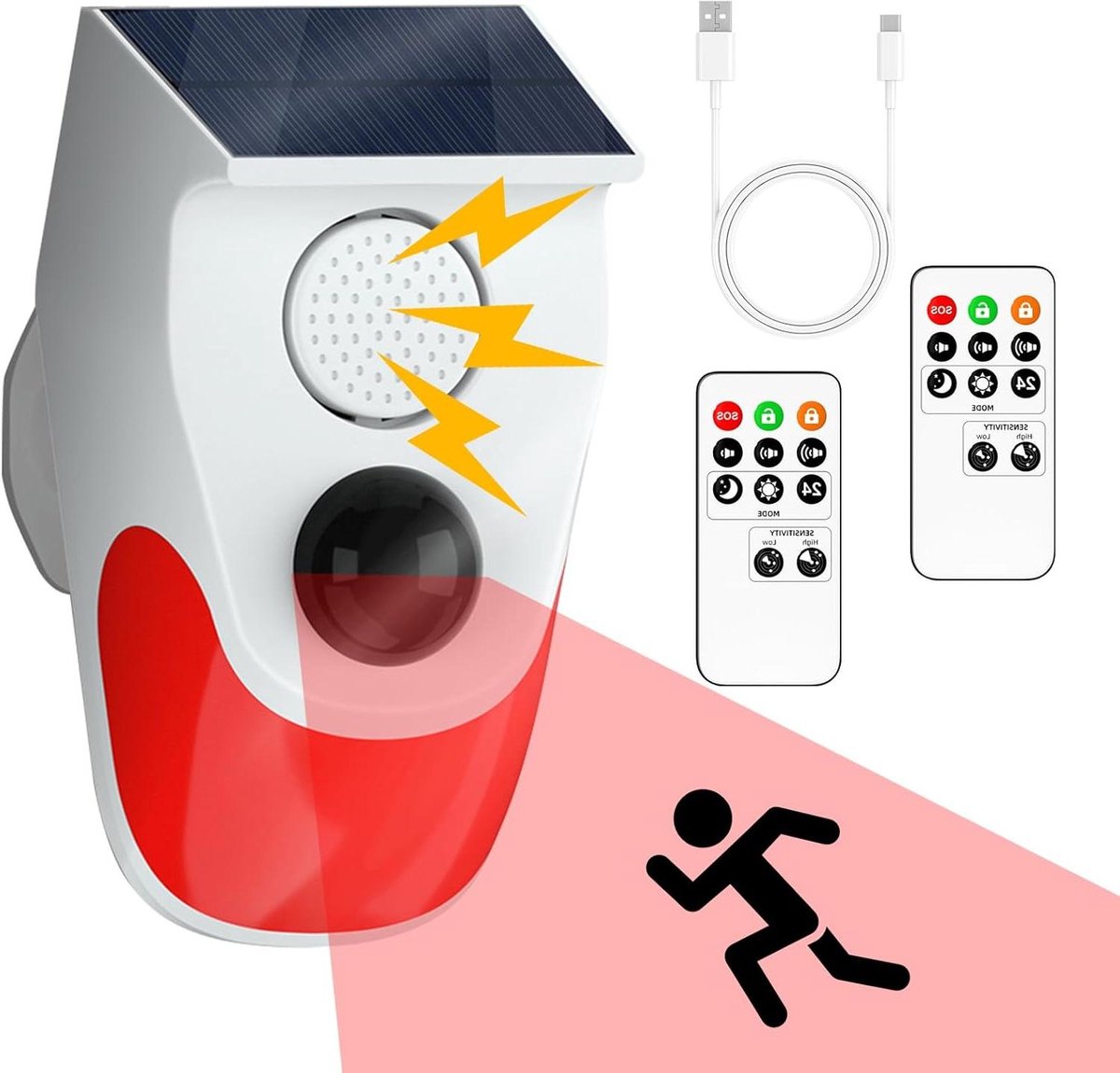 Bewegingsmelder Alarm - Draadloos Systeem - Beveiliging Buiten - Zonne-energie Oplaadbaar - 120dB Volume - Wit