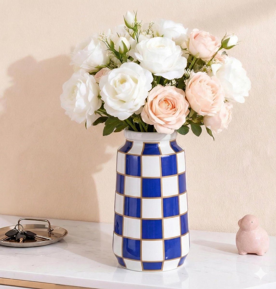 Vaas, mid-century modern geruite vazen voor bloemen en pampasgras als middenstuk, zwart-wit geruite vaas voor eettafel, keuken, tafelblad, minimalistisch decoratief (blauw)