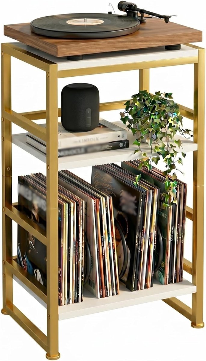SNJY® Platenspeler Meubel - Platenspeler Kast - LP Houder - Platenhouder - 30D x 40B x 71H cm - Goud/Wit