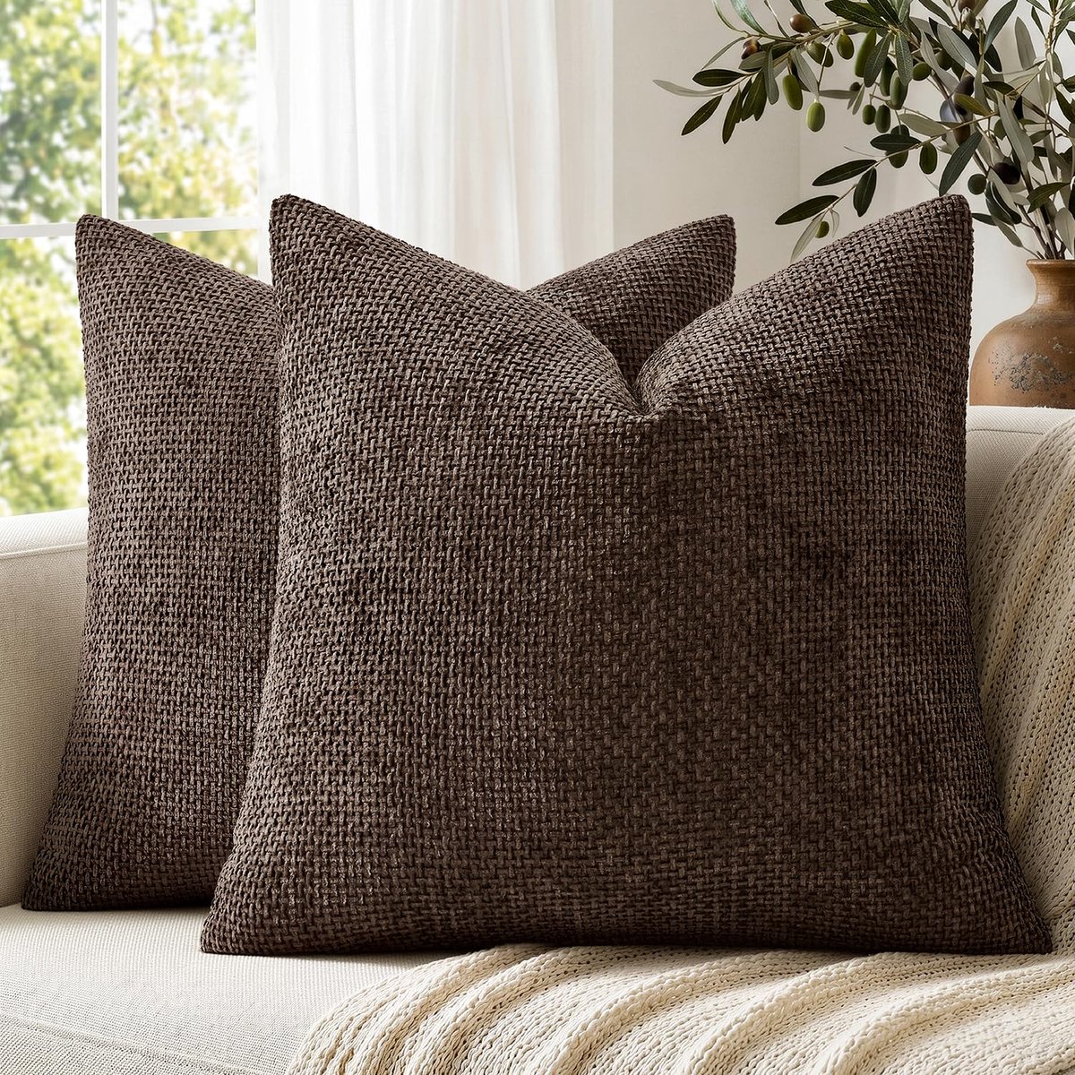 Kussensloop, 50 x 50 cm, donkerbruin, chenille, kussenhoezen, bankkussen, sierkussen voor bed, bank en woonkamer, set van 2
