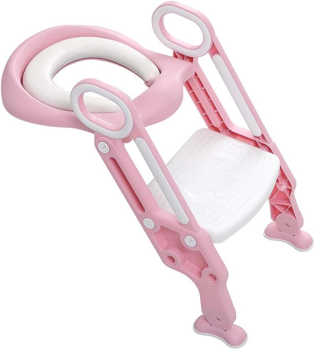 Toiletbril met trap - Kinder toilet trainer - Zindelijkheidstraining kind - Verstelbare trede - 42 cm hoogte - Roze wit