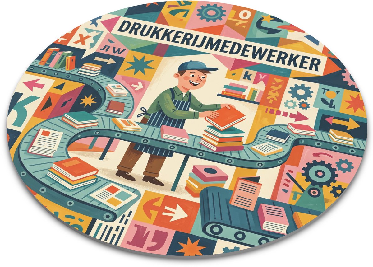 Ronde muismat Drukkerijmedewerker met retro drukkerij illustratie, kleurrijke gouache stijl, lopende banden, stapels boeken, papier, pijlen en tandwielen voor printprofessional, collega of grafisch beroep