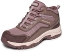 Paarse Skechers wandelschoen, waterdicht, met mesh en leren overlays.