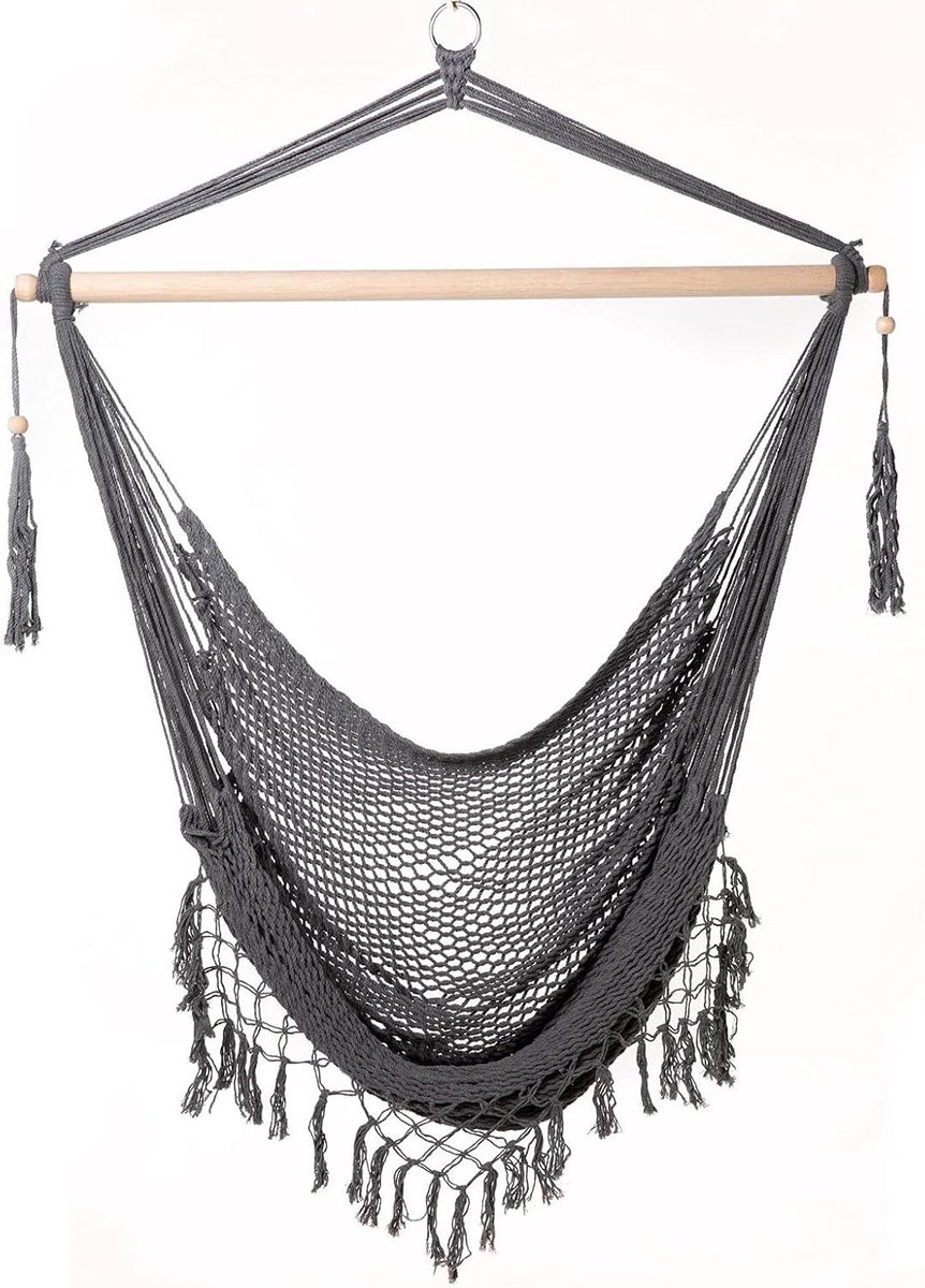 Hangstoel Net Look - Zitje met franjes - Ontspannen buiten - Natuurlijk materiaal - 130 x 100 cm - Grijs