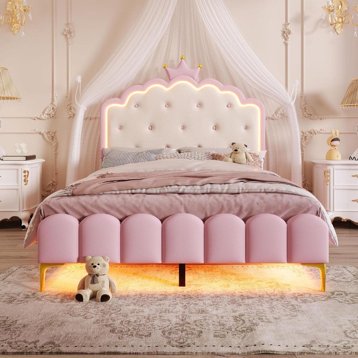 Gestoffeerd Prinsessenbed - Kinderbed Meisjesbed - Dromen Creëren - Met Afstandsbediening Sfeerlicht - 140 x 200 cm - Roze