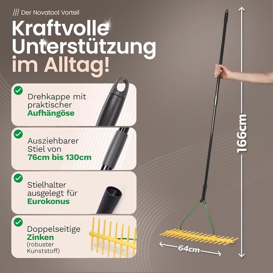 Hooihark met Telescoopsteel - Tuinhark Gazonhark - Tuin Onderhouden - 16 Dubbelzijdige Tanden - 64 cm Werkbreedte - Geel — afbeelding 5