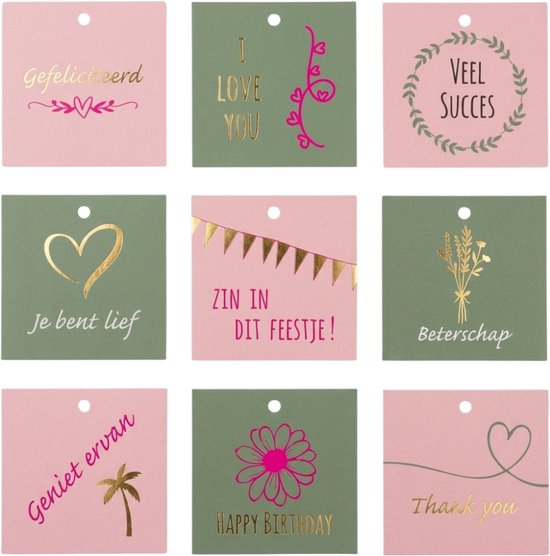 Luxe Cadeaukaartjes Set – 18 Mini Kaartjes met Tekst & Boorgaatje – 7x7 cm – Poederroze / Olijfgroen / Metallic Goud - Voor Verjaardag, Bedankje, Liefde & Feest