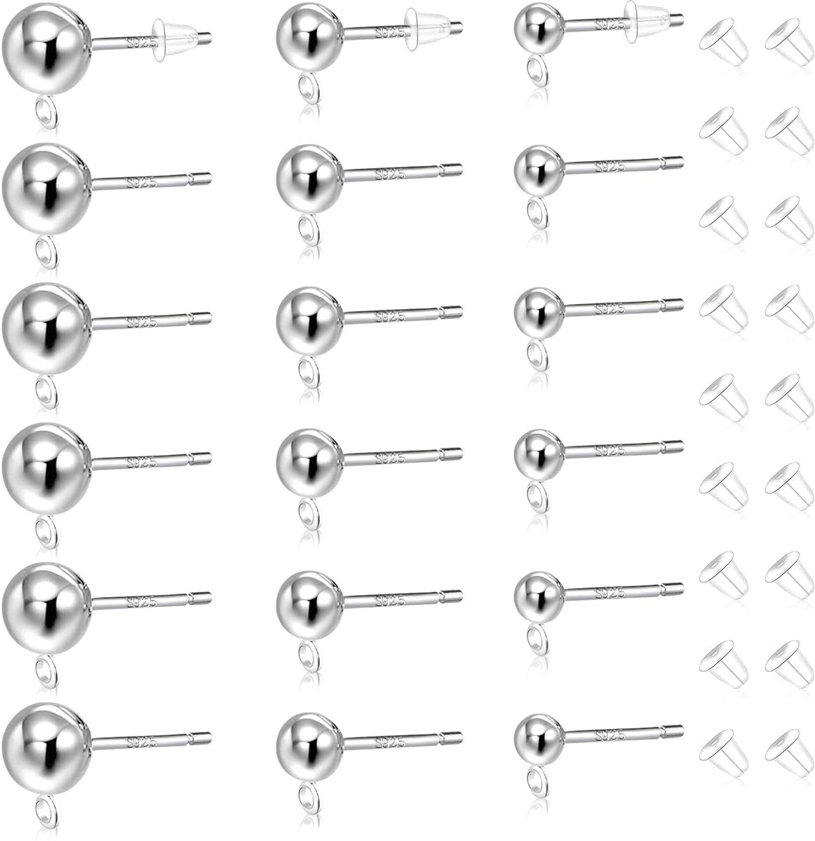 36 Stuks Sterling Zilveren Oorbelstekers met Lus voor Het Maken van Sieraden, 3 Ronde Zilveren Bolletjes in Maat S925 Met Transparante Oorknopjes, Hypoallergene Bolletjes (Zilver)
