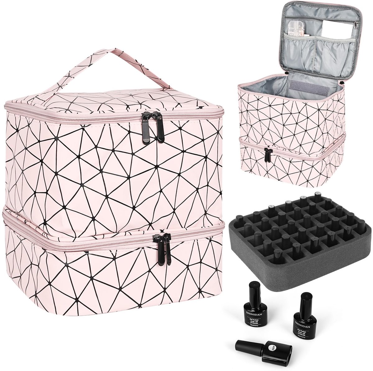 Nagellak-organizer, opbergdoos tas voor 30 flessen, nagellamp (roze), roze nagellak