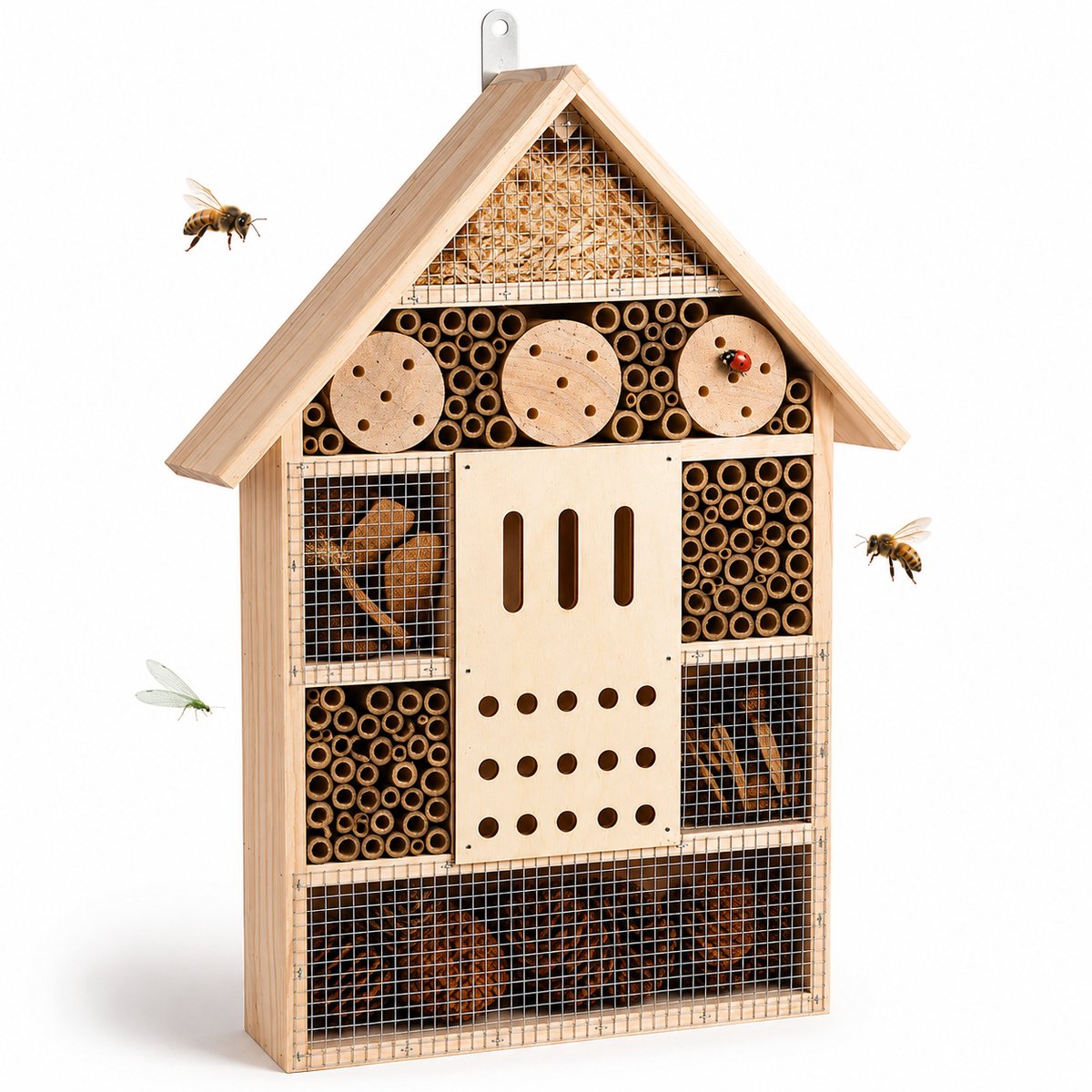 Benza – Insectenhotel XL – 35 x 10 x 51 cm – Grenenhout, Bamboe & Populierenhout – Voor Bijen, Lieveheersbeestjes en Andere Nuttige Insecten – Natuurlijke Tuindecoratie