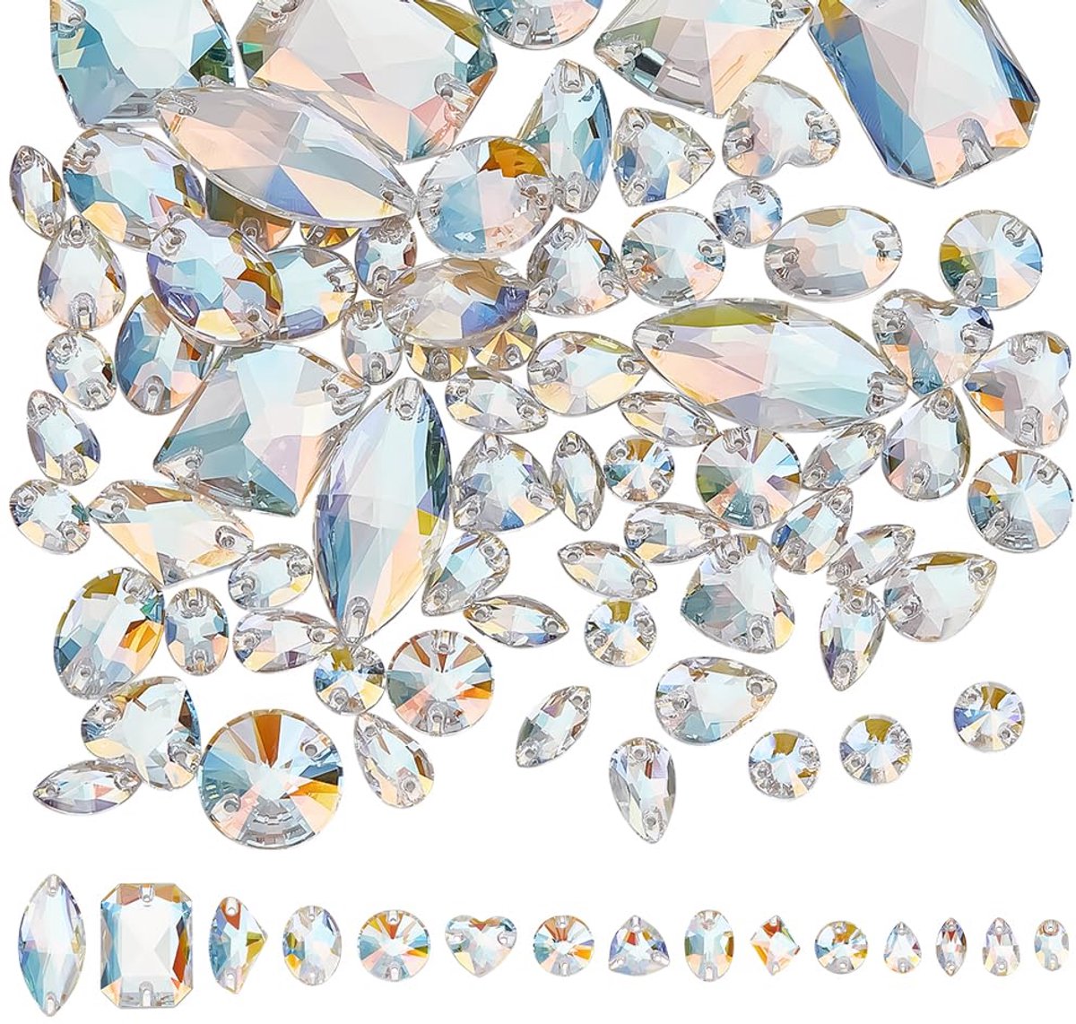 81 stuks 15 stijlen voor het opnaaien van strass-steentjes, kristallen, gemengde vormen, K5 glas, strass-steentjes, 2-gaats verbinding, plated, platte achterkant, voor naaien, knutselen