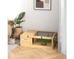 MEUNIQ houten schildpaddenhuis 91 x 60,5 x 32 cm met twee ruimtes, uitrekbare zijwanden, opklapbare bovenkant en kijkvensters voor terrarium, geel