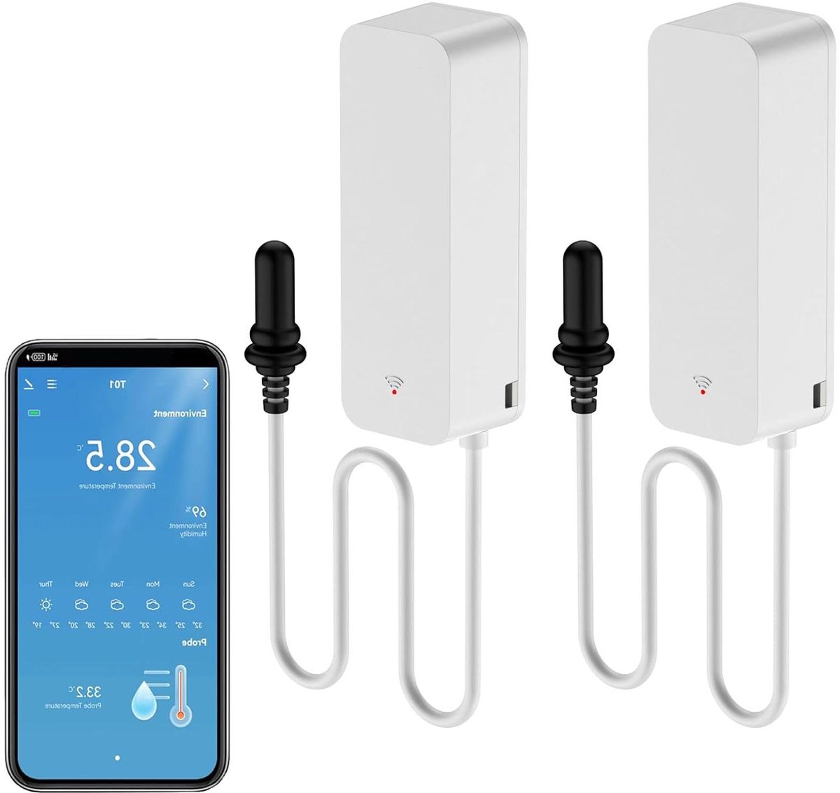 Slimme thermometer en hygrometer met wifi en externe sonde – ideaal voor vriezer en aquarium – app-alarm en afstandsbediening