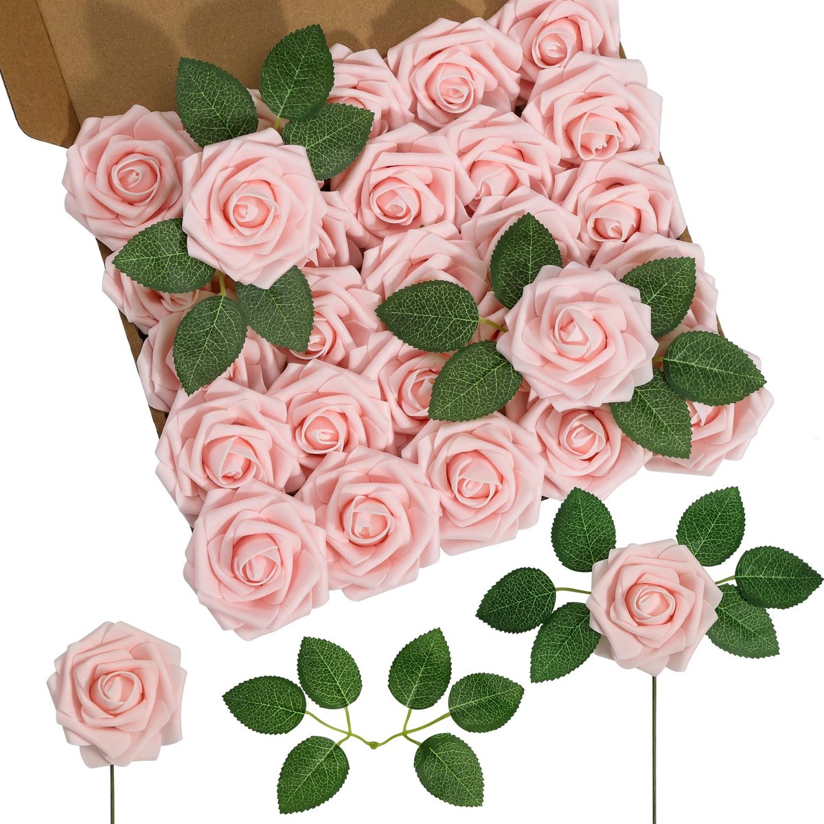 DuHouse 25 Stuks Kunstrozen Bloemen Nep Roos met Stengels Echt Aanvoelende Schuim Bloemhoofd voor DIY Bruiloft Bruids Boeket Baby Shower Bloemstuk Bloemdecoratie Feest Huisdecoratie (Blush)