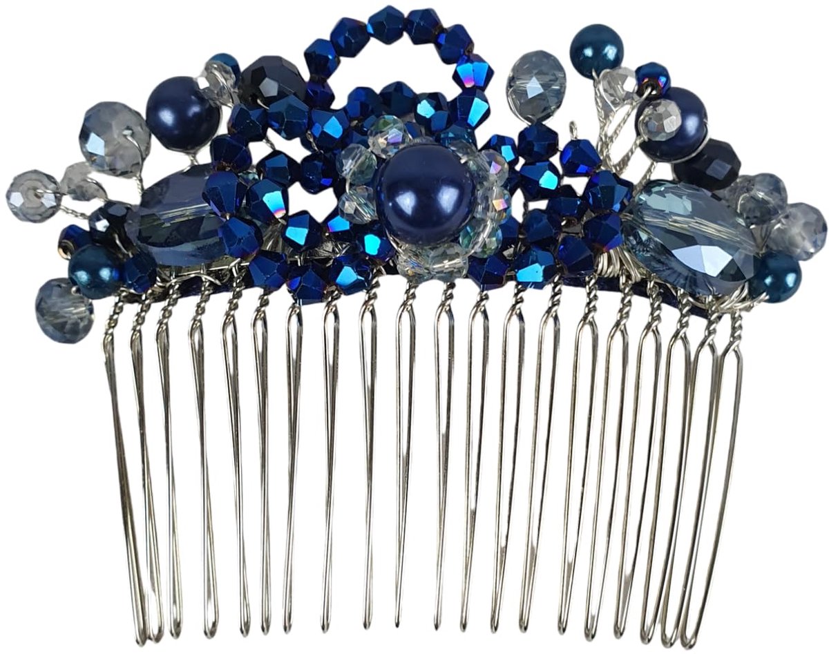 Handgemaakte blauwe haarkam, met bincone parels en kralen - voor bij een speciale gelegenheid, elegante haaraccessoire, bruiloftshaarkam