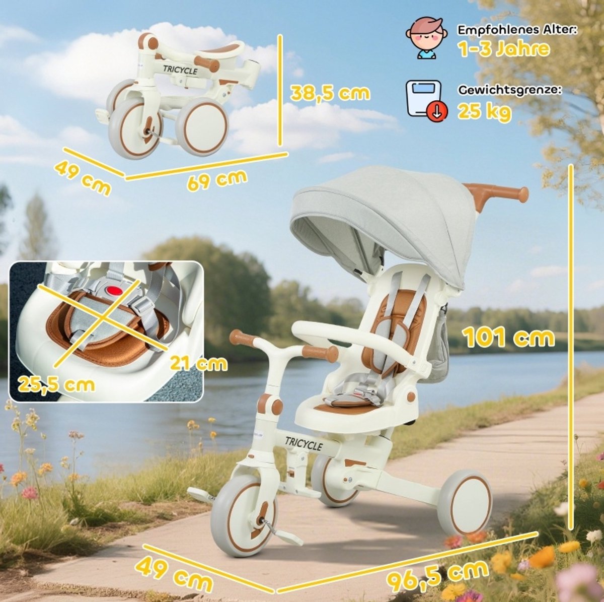 MEUNIQ 5-in-1 kinderdriewieler en wandelbare babybuggy met afneembare duwstang, verstelbare rugleuning, zonnekap en opbergtas, 1-3 jaar, crèmewit