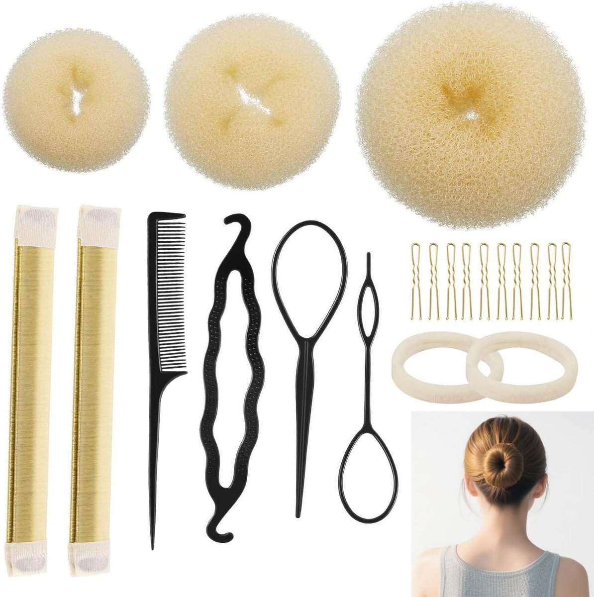 21-delige Donut Haarset – Haaraccessoires voor Vrouwen en Meisjes, DIY Duttentools voor Ballet & Chignon, Donut Haarvormer Set voor Opsteekkapsels