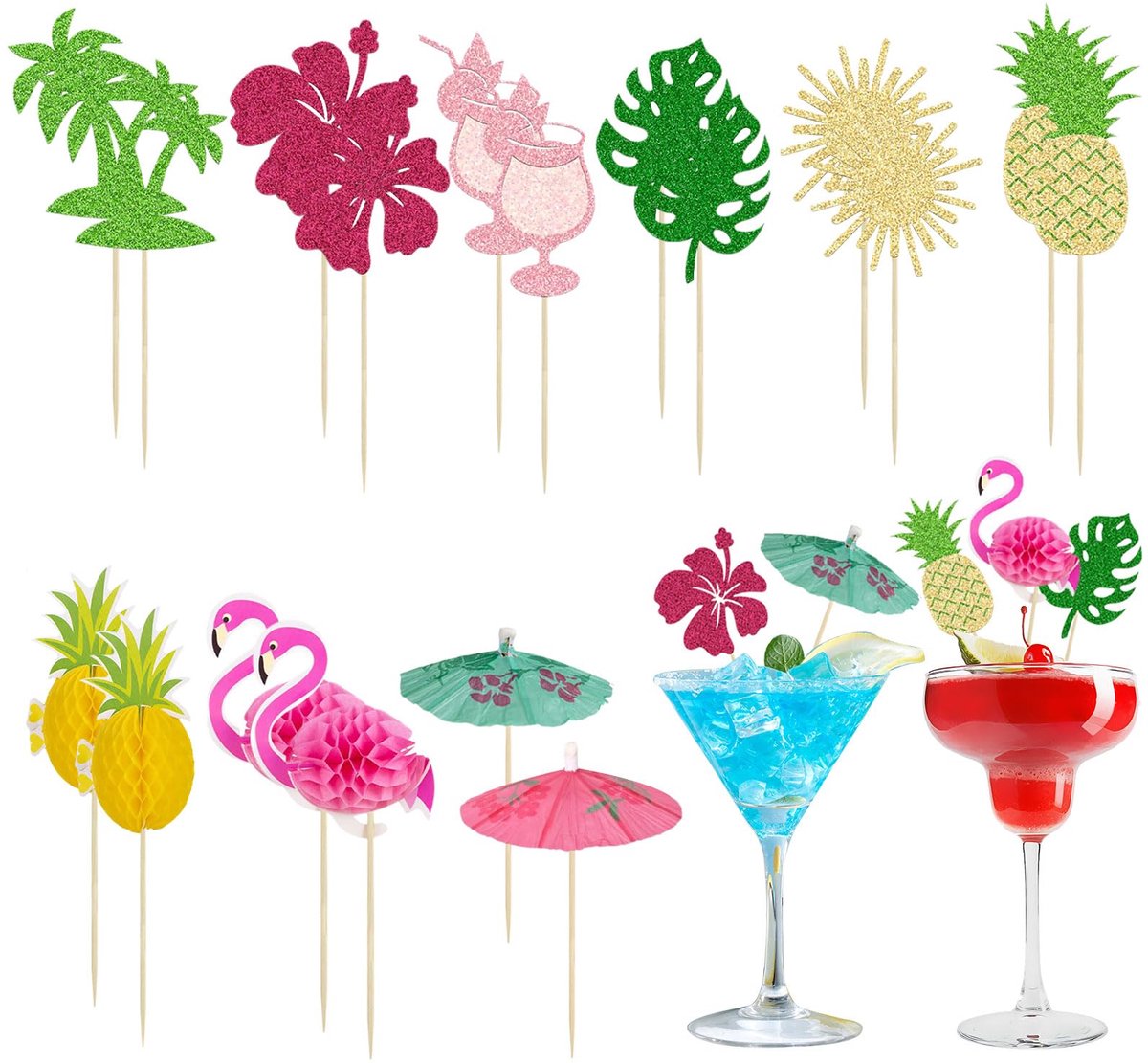 18 stuks decoratie voor cocktails op het strand, Hawaï-taartdecoratie, cocktailaccessoires voor zomerfeesten (kleur A)