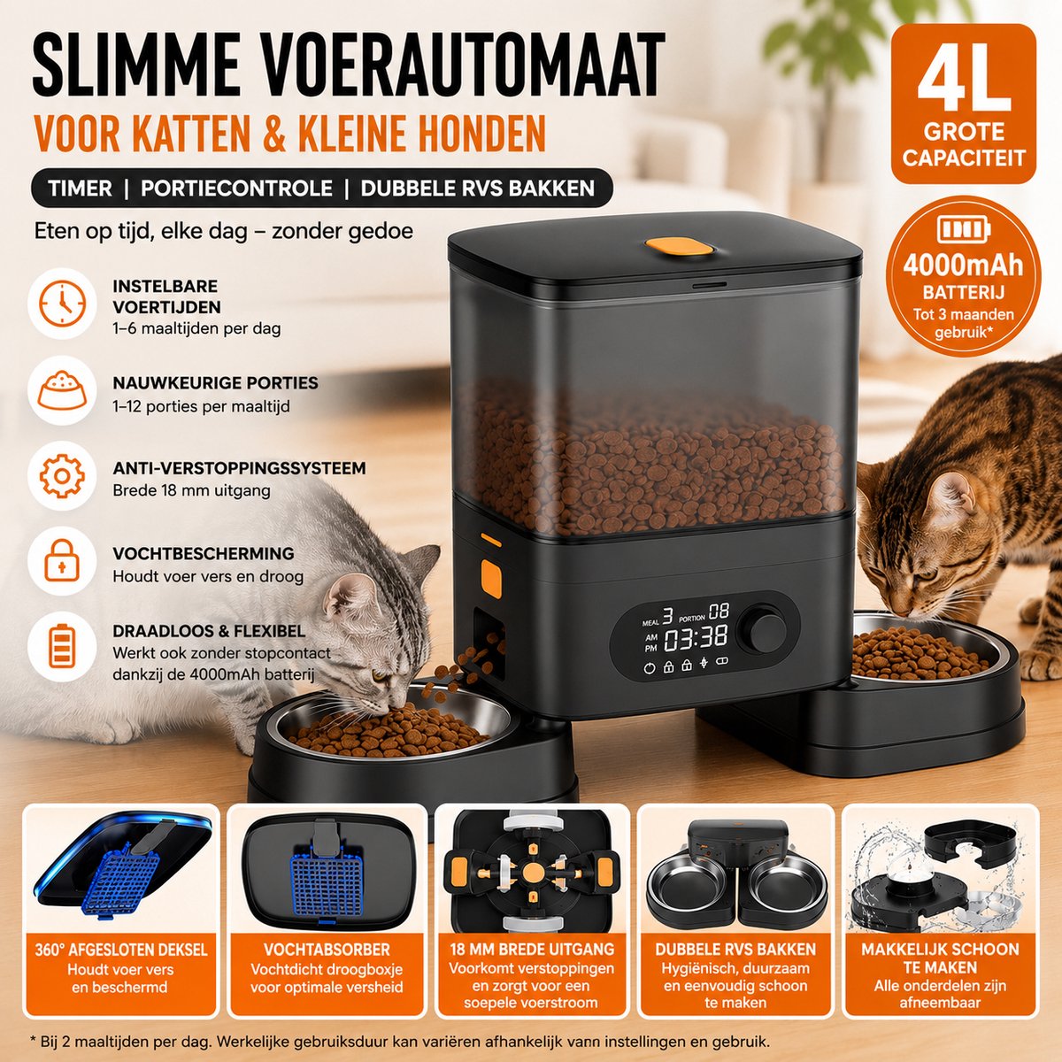 Automatische Voerautomaat Kat – 4L Smart Pet Feeder met Dubbele RVS Voerbak – Timer & Portiecontrole – Anti-Vastloop Systeem – Voor Katten en Kleine Honden – Zwart