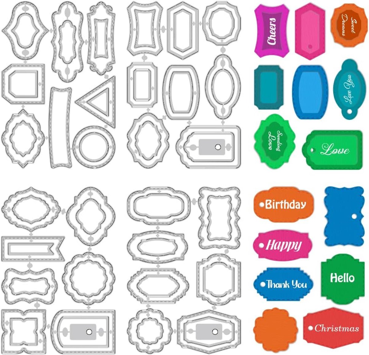 4 sets snijmatrijzen voor labellijsten voor het maken van kaarten, 59 metalen uitsnijdingen voor stijletiketten, reliëfgereedschap, doe-het-zelf, ambachtelijke dies voor scrapbooking