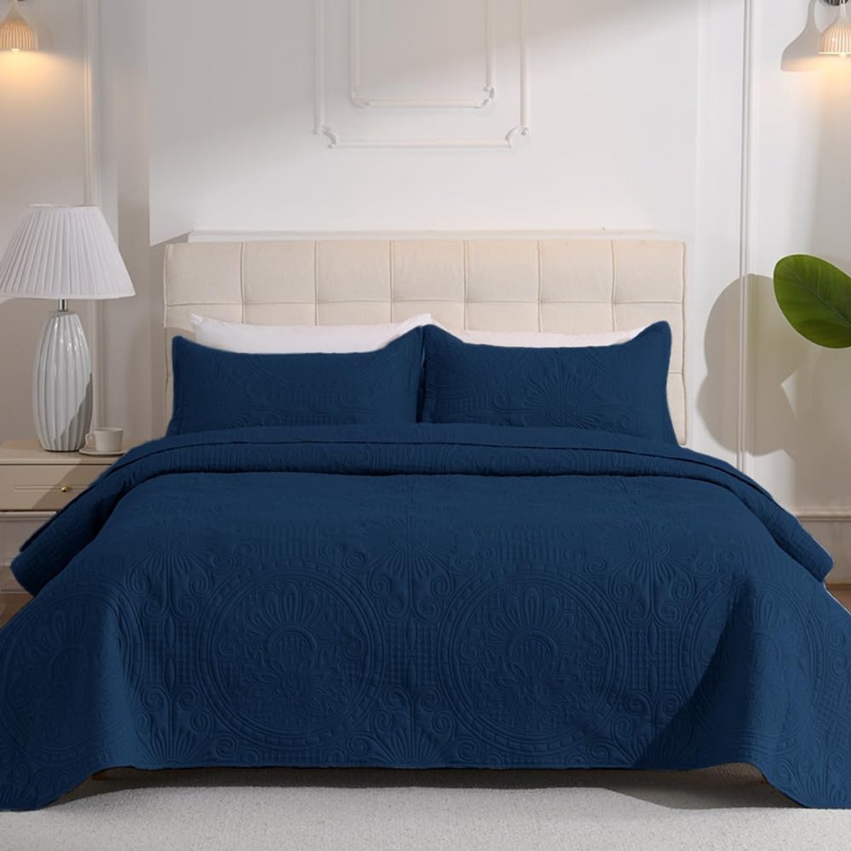 Beddensprei 200x220cm, bladbeschermende slaapkamersprei, met 2 kussenslopen 50x75cm, dubbelzijdig ontwerp, multifunctionele quilt als sofadekbed, dagsprei (Marineblauw)