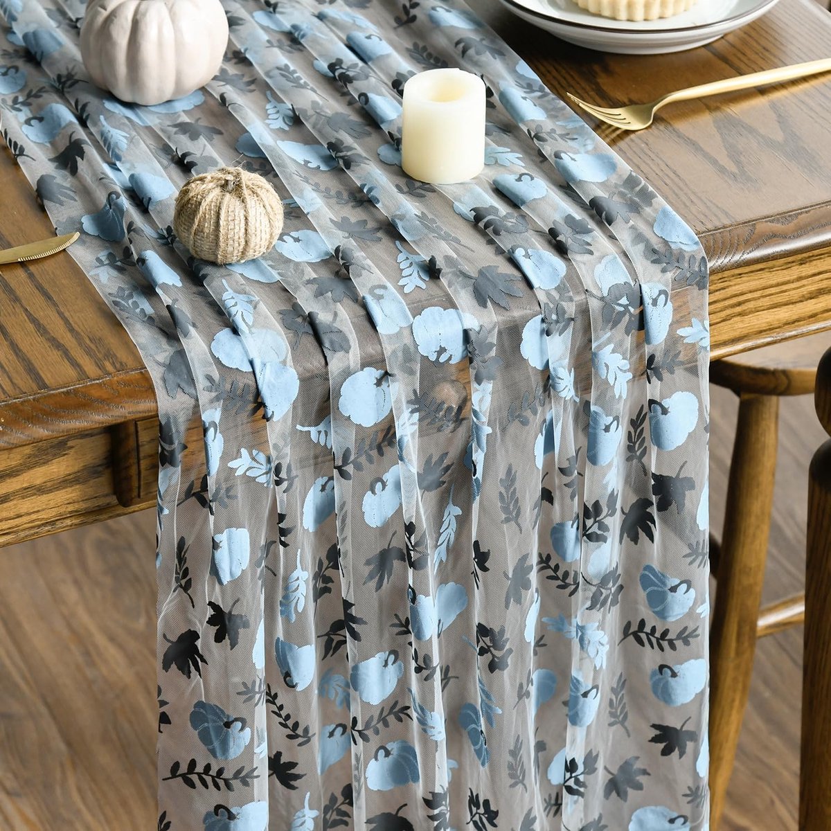 Mode Gaas tule blauw grijs pompoenen bladeren herfst tafelloper 70 x 300 cm, keuken tafeldecoratie binnen vakantie chiffon party decoratie