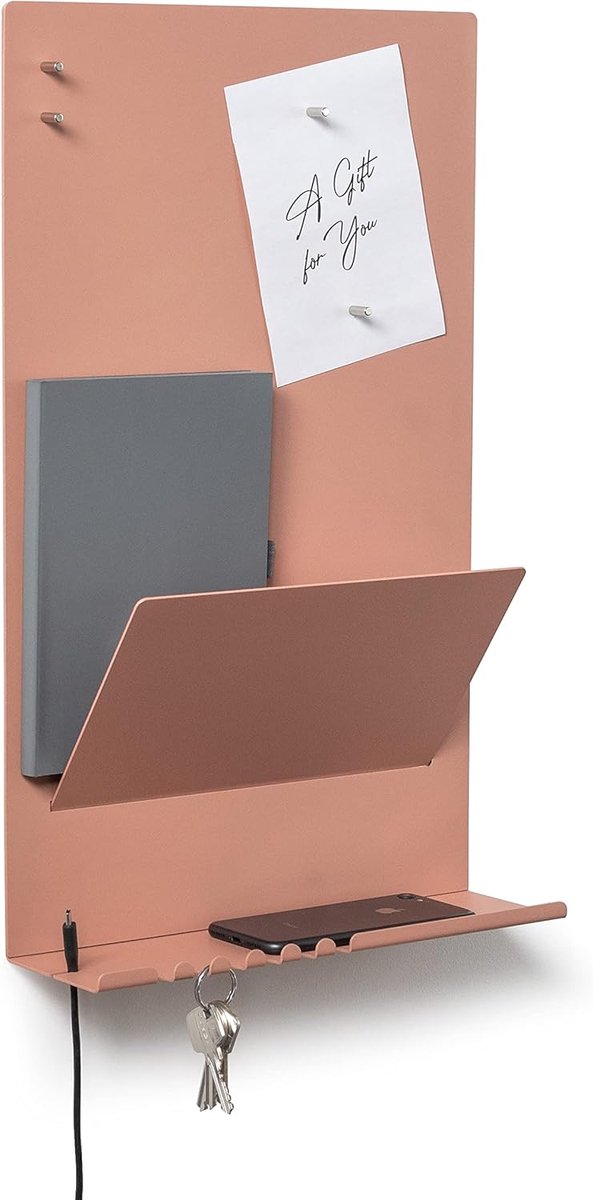 byde Heke 3-in-1 wandrek met magneetbord en magneten voor sleutels, kranten en notities, beige, rood, 30 x 9 x 49 cm