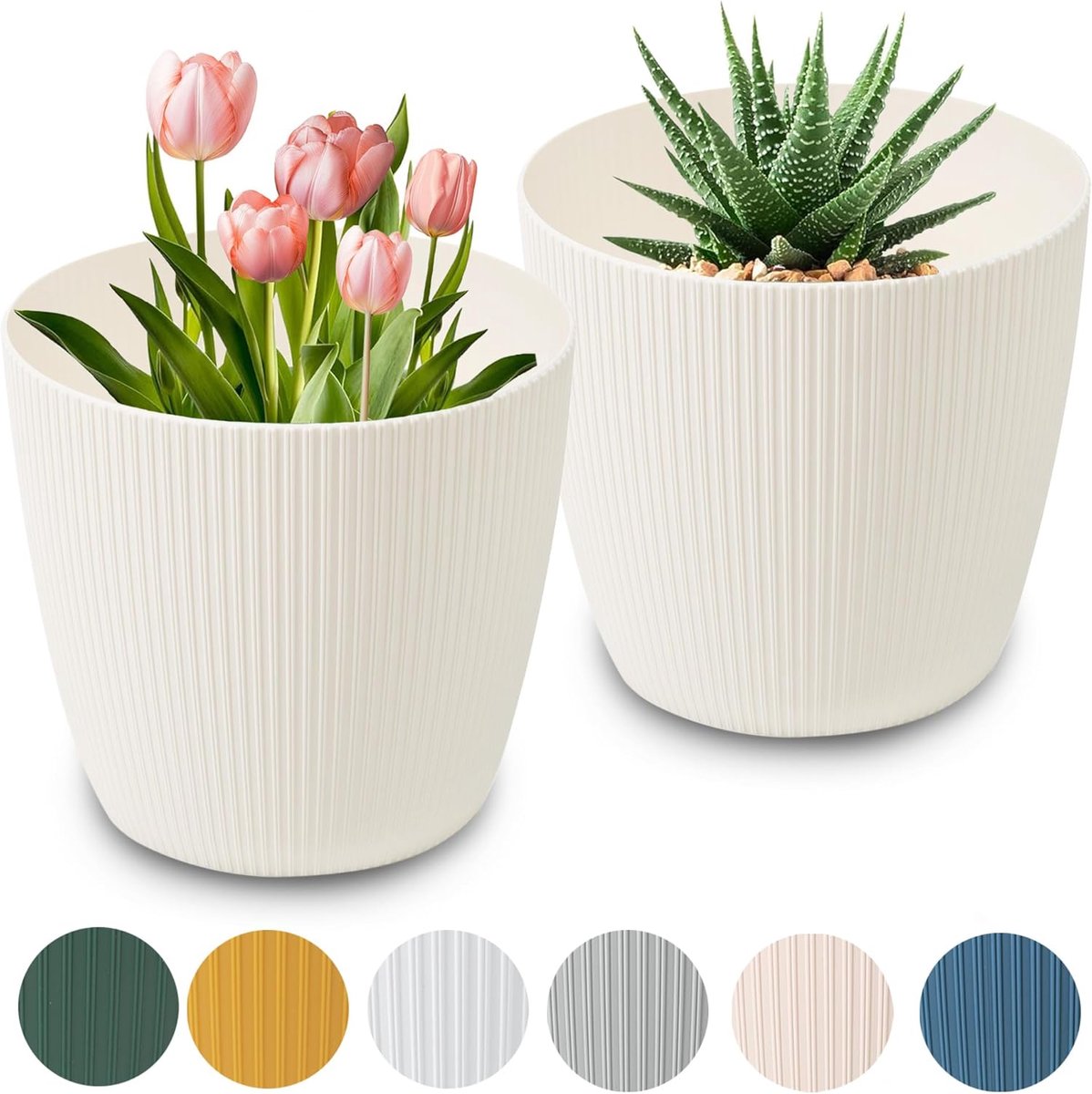 Bloempot, mat, plantenpot, overpot, kunststof, decoratieve pot voor grote en kleine set, planten, 2 x kruidenpot, set van 2 stuks, crème, doorsnede 14 cm