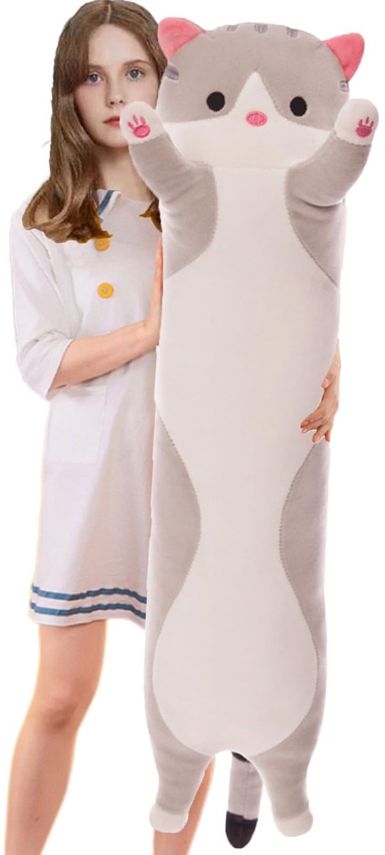 Kat Pluche Kussen Zacht Kat Knuffelkussen Opgevuld Dierenkussen Schattig Kitty Slaapkussen Cadeau voor Kinderen（110cm,Grijs）