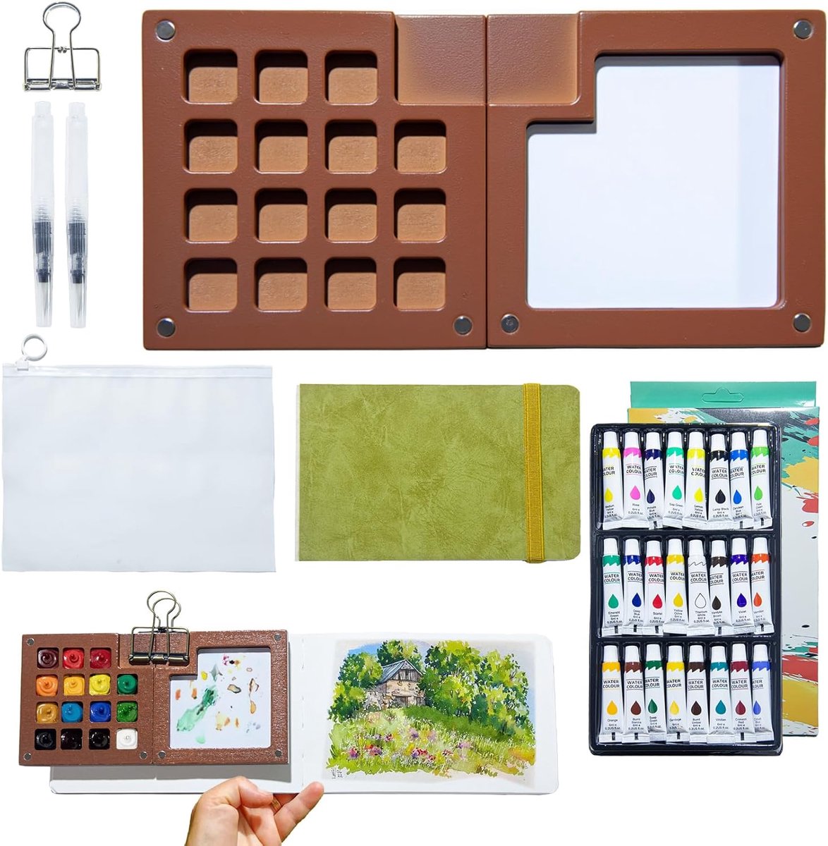 aquarelset inclusief draagbaar aquarelpalet met 15 vakjes en 24 kleuren aquarelverf, schetsboek, schilderclips, zakkunstenaar schilderreisset voor schilders, kunstenaars, studenten