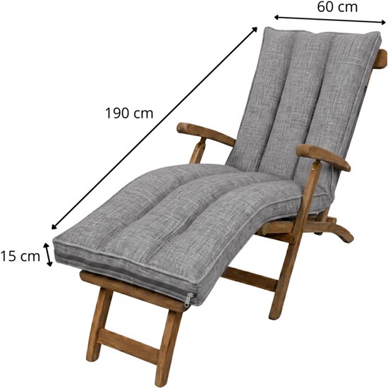 Donkergrijs ligbedkussen van 190x60x15 cm met houten frame en gestoffeerde zitting.