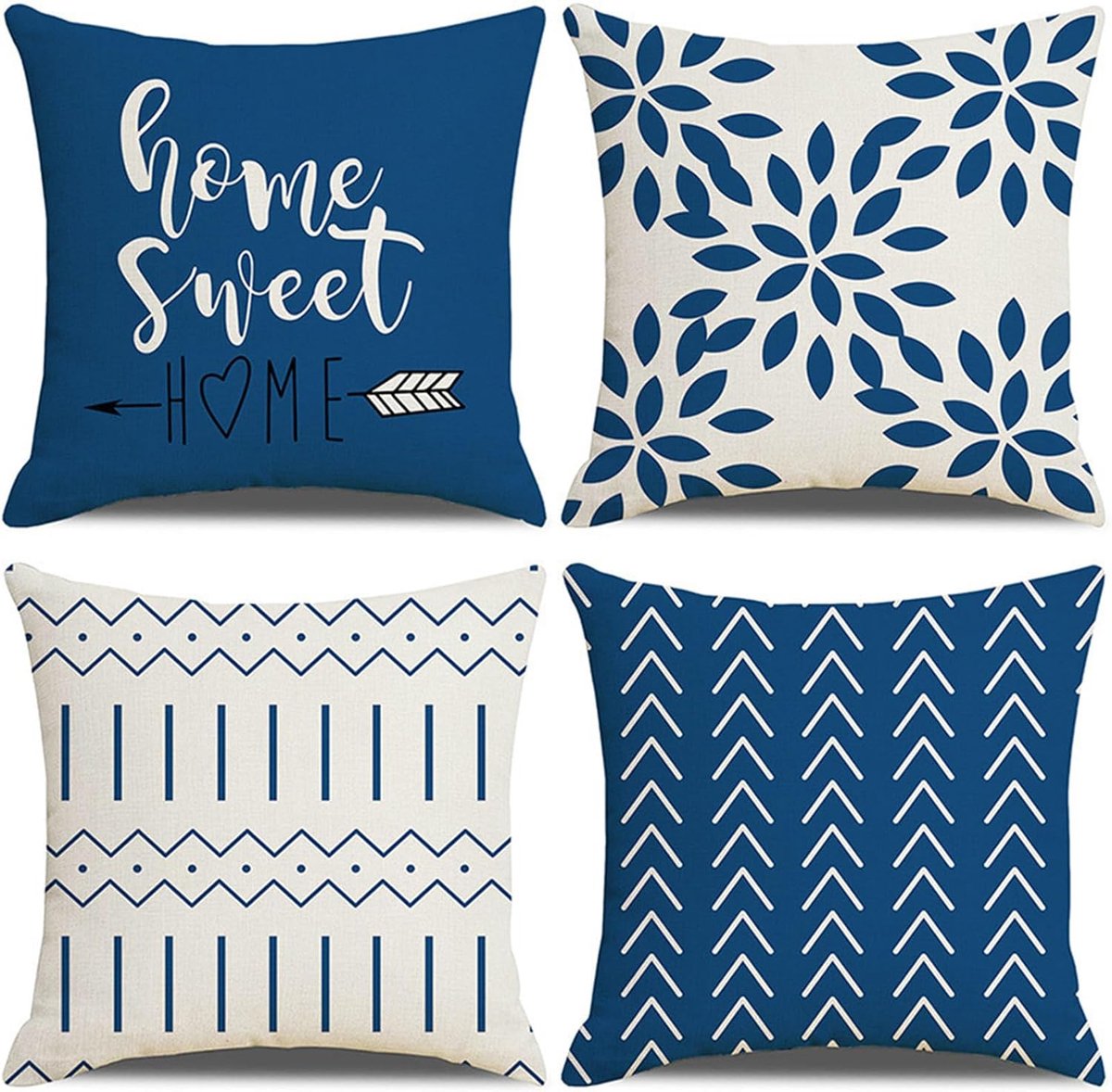 Kussenslopen 65 x 65 cm blauwe decoratieve kussenslopen linnen vierkante kussenslopen met onzichtbare rits voor bank slaapkamer woonkamer tuin dubbelzijdige kussenslopen