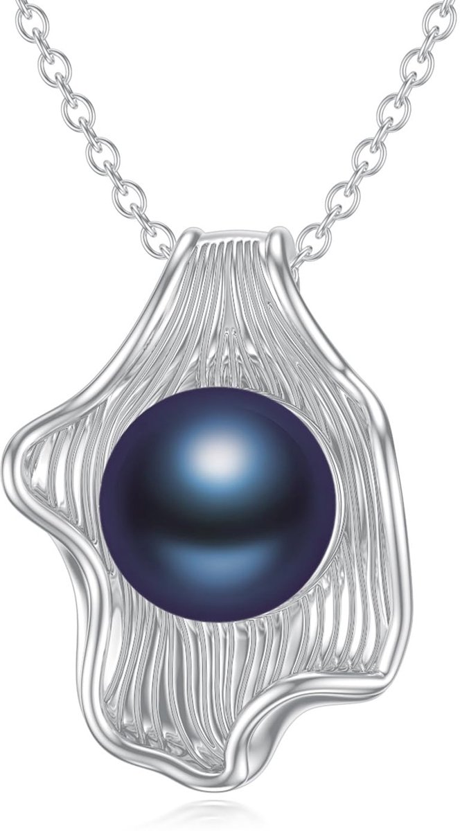 Parelketting voor dames van 925 sterling zilver, 8 mm, ronde zoetwaterparels, zwarte parelhanger, Sterling zilver, Parel