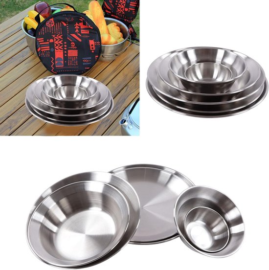 Roestvrijstalen Campingborden en Kommen Set - Draagbaar Servies Kookgerei - Outdoor Opbergtas - 12-delige Kampeer Schotel Set - Backpacken, Kamperen, Wandelen - Strand Servies - RVS Borden - 3,5 tot 9,1 Inch - Buiten Gebruik - Compacte Opbergzak — afbeelding 3
