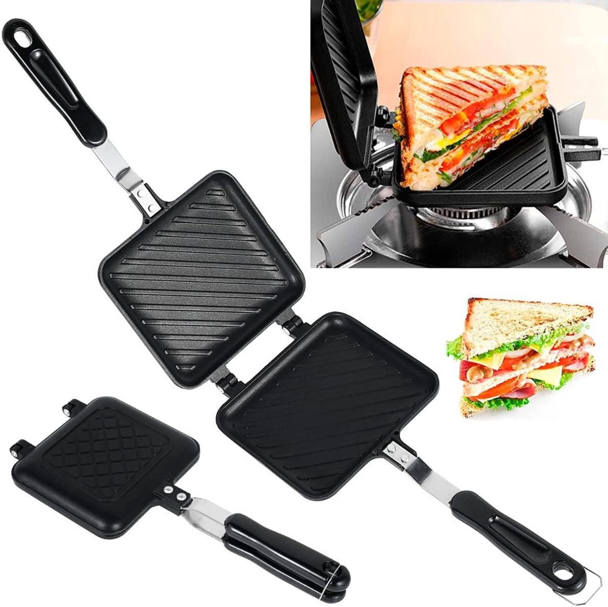 Sandwichmaker voor Gasstel - Tosti IJzer - Brood Bakken - Dubbelzijdig Non-stick - 20 x 15 cm - Zwart