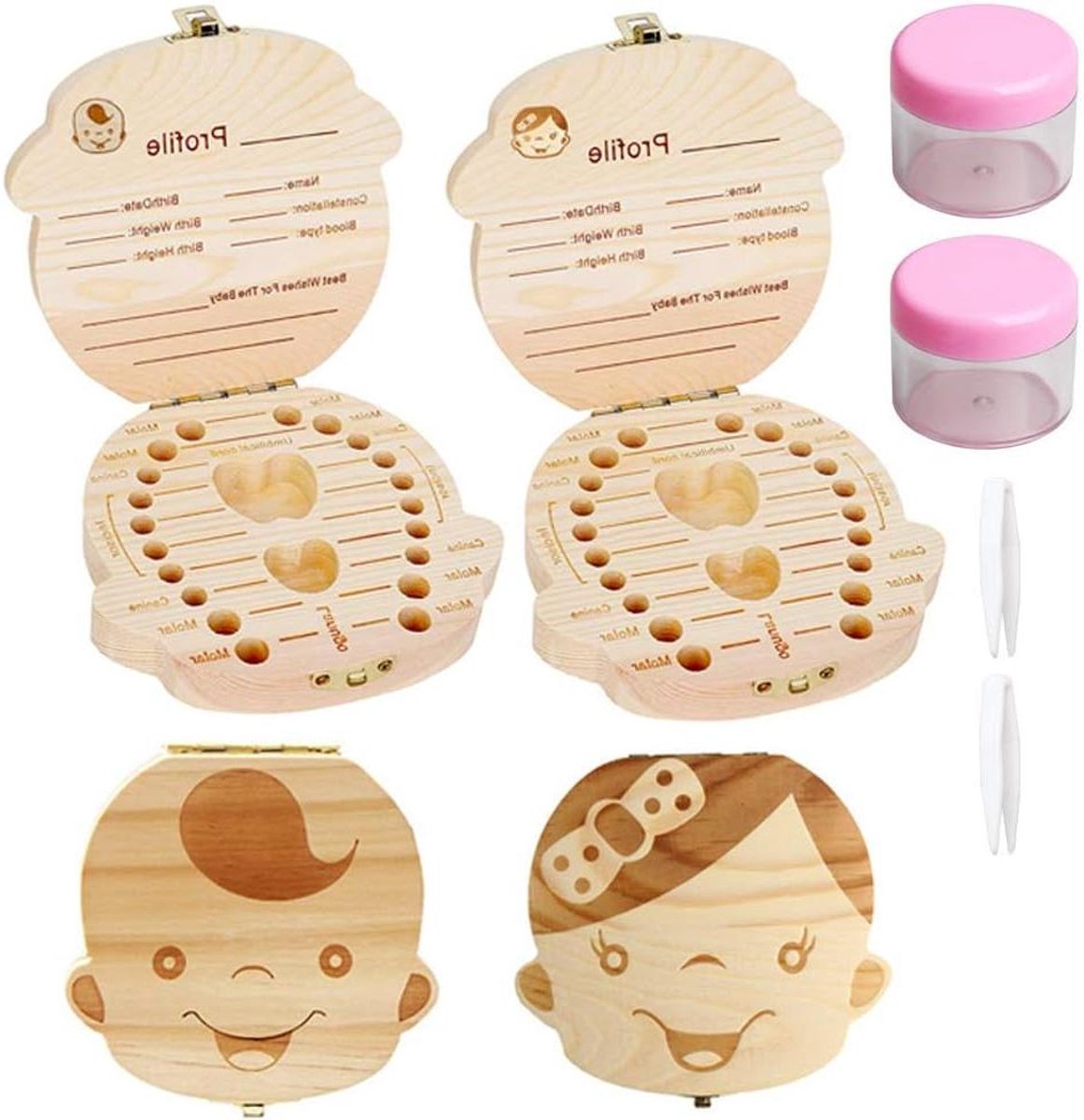 Baby Tanden Doos - Melktanden Opberger - Herinneringen Bewaren - Afsluitbaar Houten Ontwerp - Set van 2 - Houtkleur