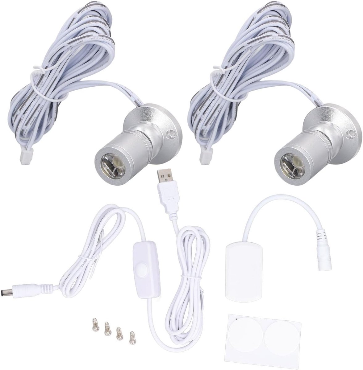 SnelShoppen - USB Mini Spot Light Dimbare LED Spotlights 5V - 1 tot 2 Mini Spotlights met Kabel voor Tafels, Planken - Zilver - Perfect voor Decoratie