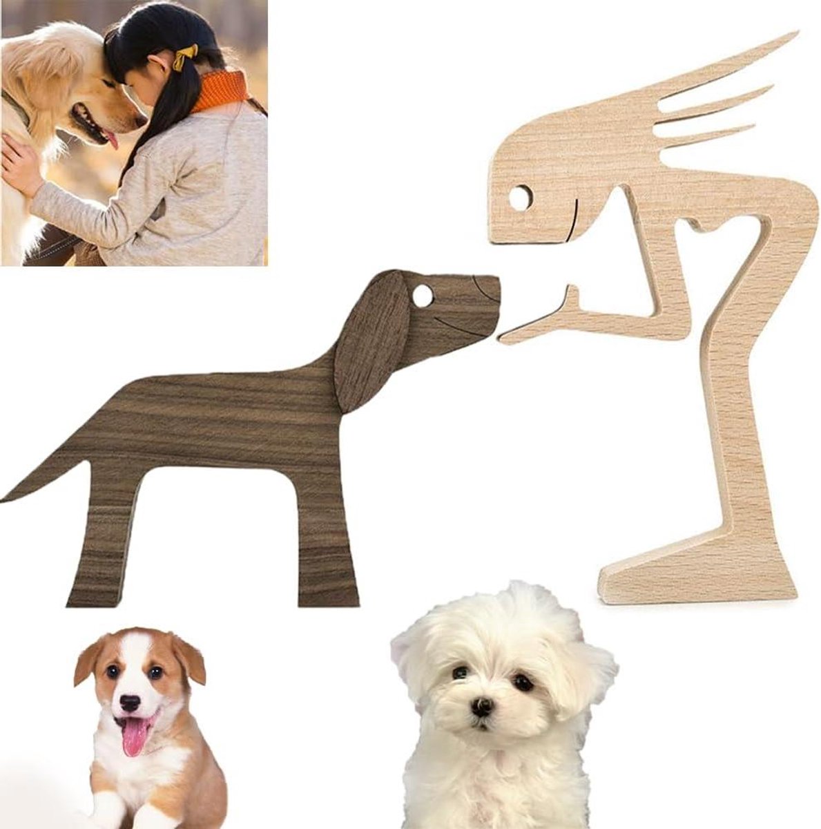 Houten Honden Beeld - Huisdier Decoratie - Interieur Verfraaien - Handgesneden Design - 18 x 11.5 cm - Houtkleur