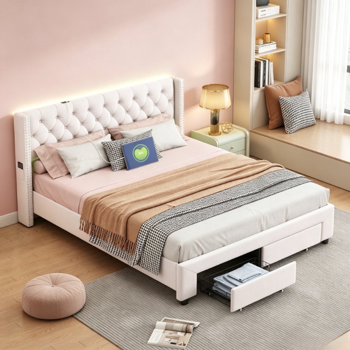 Tweepersoonsbed 160x200 cm, volwassen bed met LED verlichting, 2 opberglades, hoofdbord met studs en zijvakken, fluweel beige, zonder matras