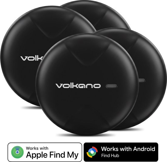 Vier zwarte, ronde trackers van Volkano, met "VOLKANO" logo. Werkt met Apple Find My & Android.