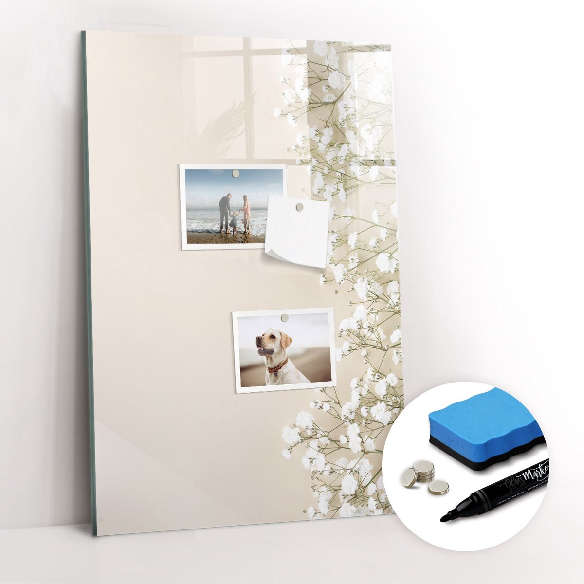 Tulup Whitebord - Tere bloemen - 40 x 60 cm - Beige Memobord Magnetisch - Gratis 5 Sterke Magneten + Whiteboard Marker & Wisser - Design Memobord - Magneetbord Muur - Ideeënbord Thuiswerkplek