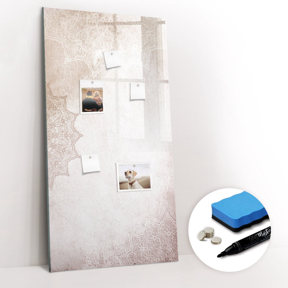 Tulup Whitebord - Mandala's - 60 x 120 cm - Beige Memobord Glas - Gratis 5 Sterke Magneten + Whiteboard Marker & Wisser - Minimalistisch Prikbord - Magneetbord Muur - Organiseer Je Bureau