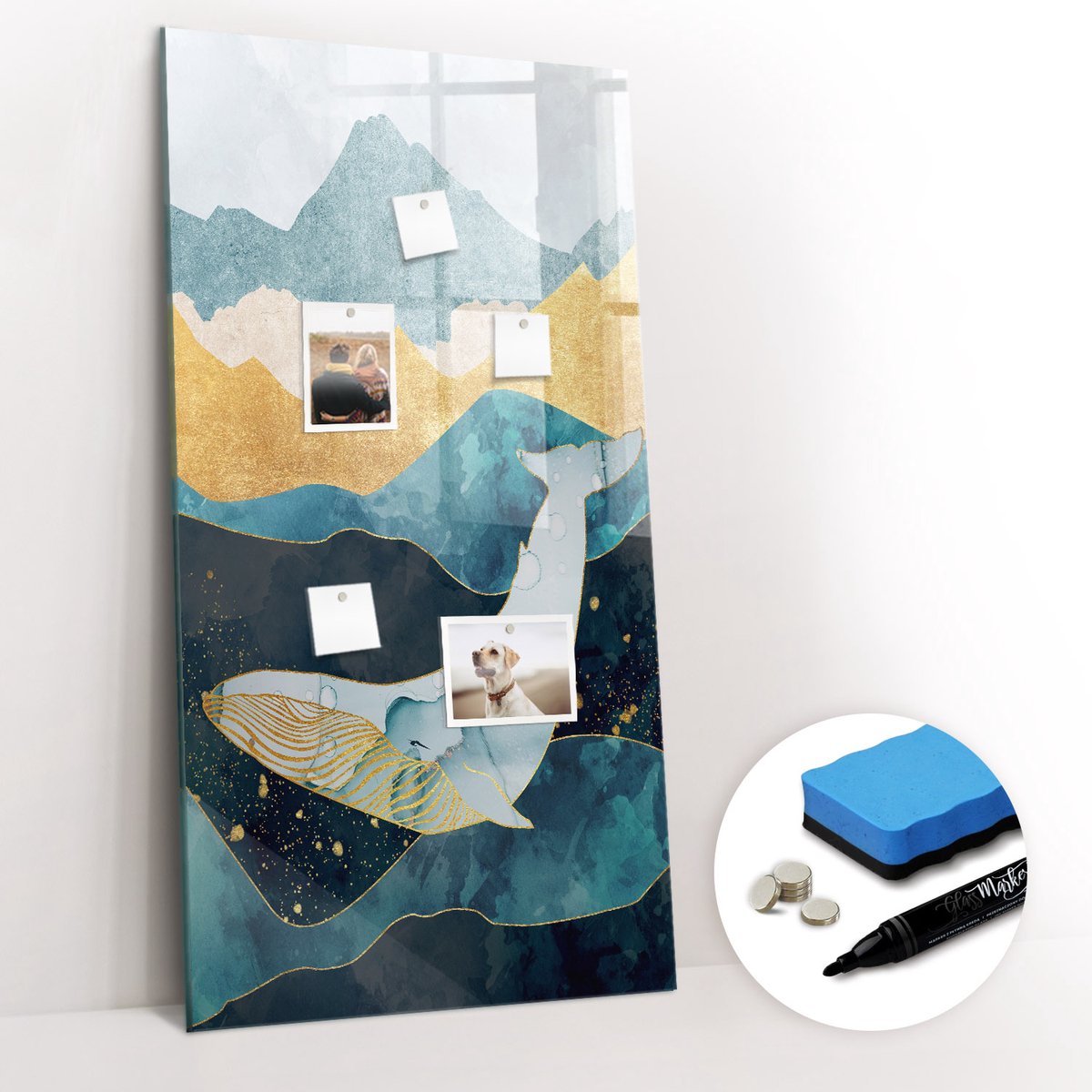 Tulup Whitebord - Marmeren walvis - 60 x 120 cm - Blauw Magnetisch Memobord - Gratis 5 Sterke Magneten + Whiteboard Marker & Wisser - Scandinavisch Design Bord - Magneetbord Rechthoekig - Notitiebord Werkplek