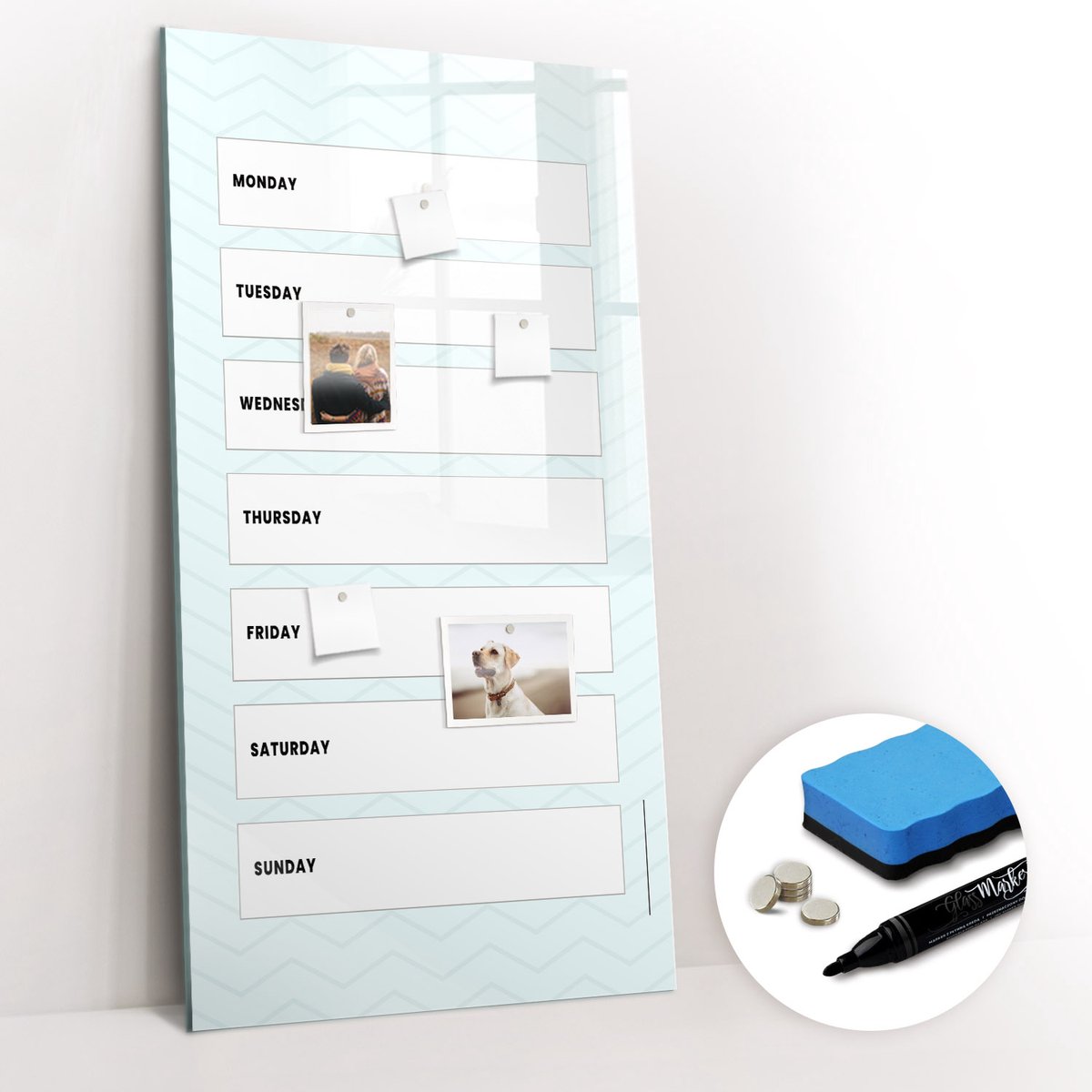Tulup Whitebord - Weekplanner - 60 x 120 cm - Blauw Magnetisch Memobord - Gratis 5 Sterke Magneten + Whiteboard Marker & Wisser - Scandinavisch Design Bord - Memobord Glas - Notitiebord Werkplek