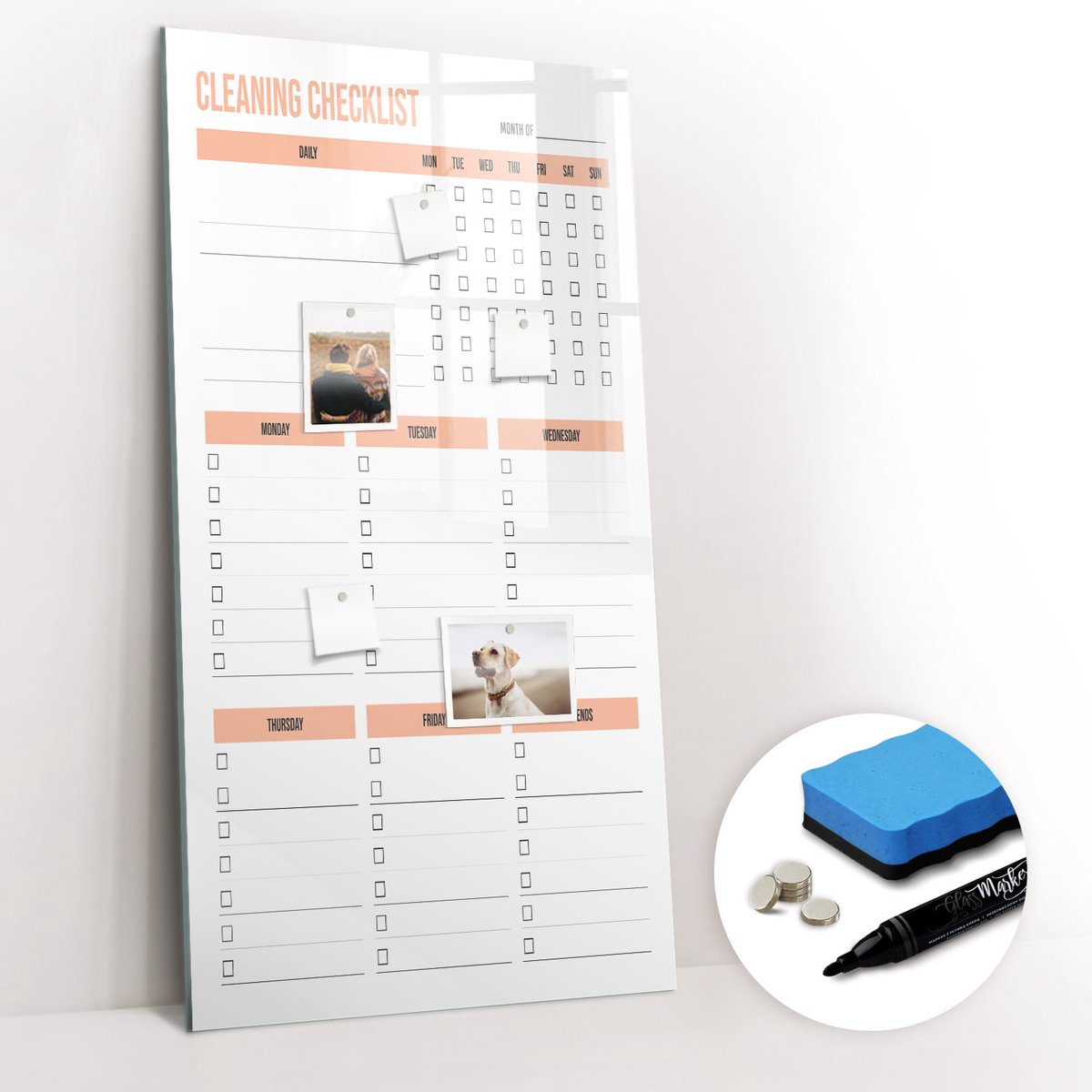 Tulup Whitebord - Schoonmaakplanner voor kantoren - 60 x 120 cm - Oranje Memo Bord - Gratis 5 Sterke Magneten + Whiteboard Marker & Wisser - Design Memobord - Magnetic Board - Inspiratiebord Kantoor